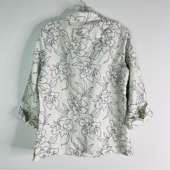 Jones NY white black linen floral embroidered button front coastal top medium - Picture 5 of 8